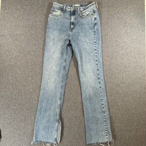 Zara High Rise Straight Leg Jeans Blue Light Wash Raw Hem Side Slit Womens 6
